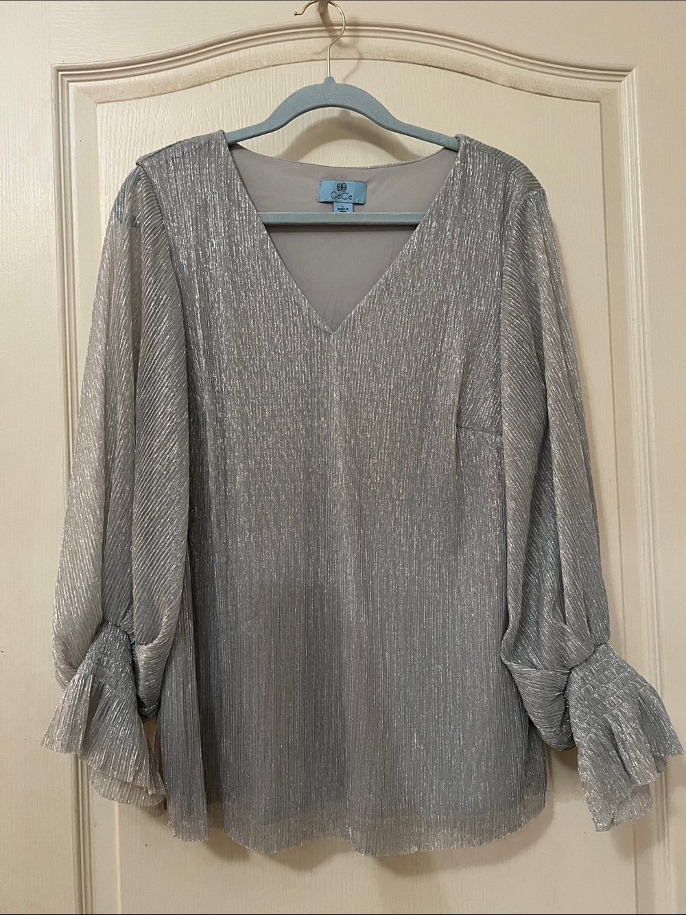 C&C California Silver Metallic V-Neck Blouse with Tie Cuffs